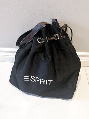 Vintage y2k Black/Faux Brown Leather Canvas ESPRIT Logo Drawstring Shoulder Bag